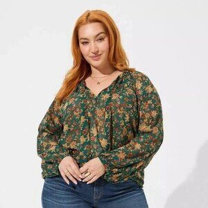 Torrid Crinkle Chiffon Raglan Tie Front Blouse Green Floral Size 2X